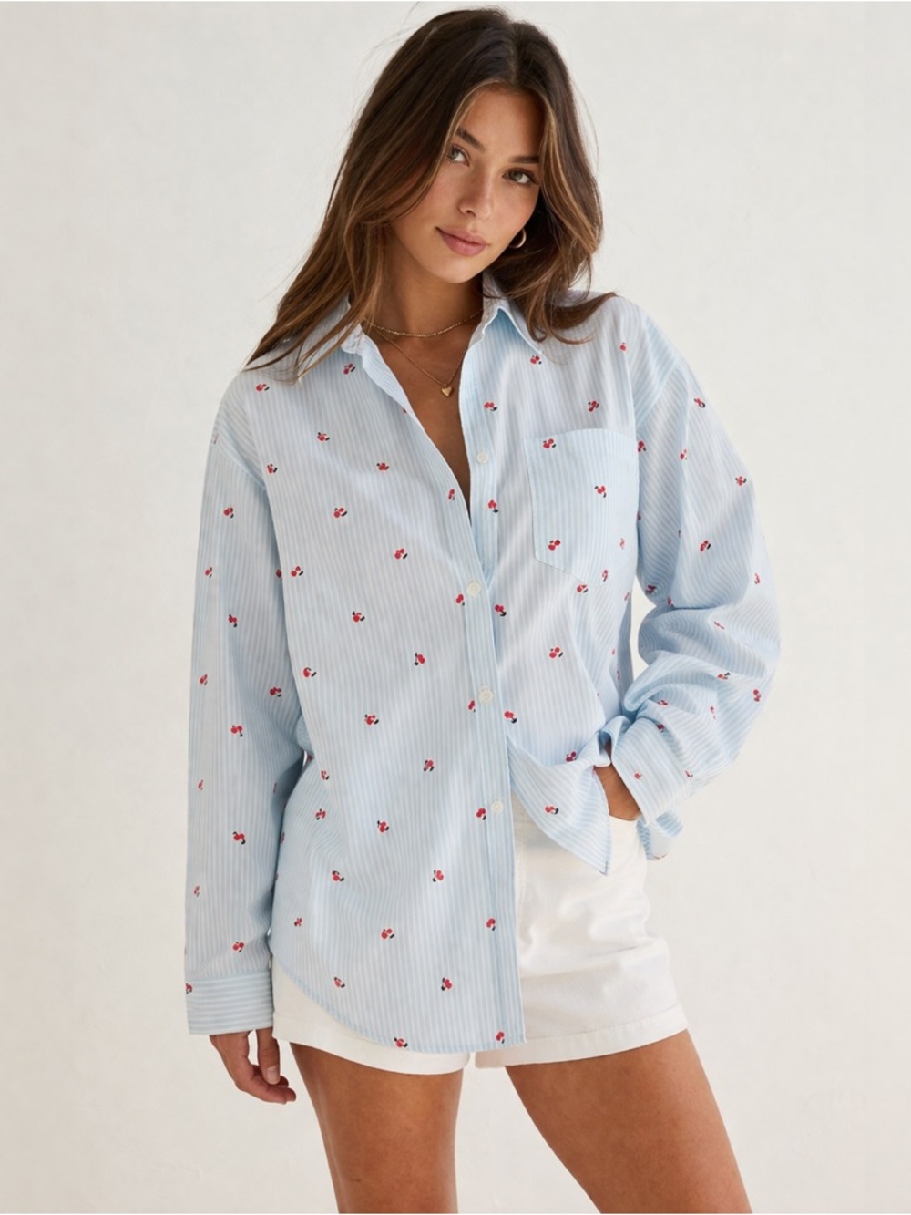 GAP Light Blue Striped Button-Down Shirt with Red Cherry Print